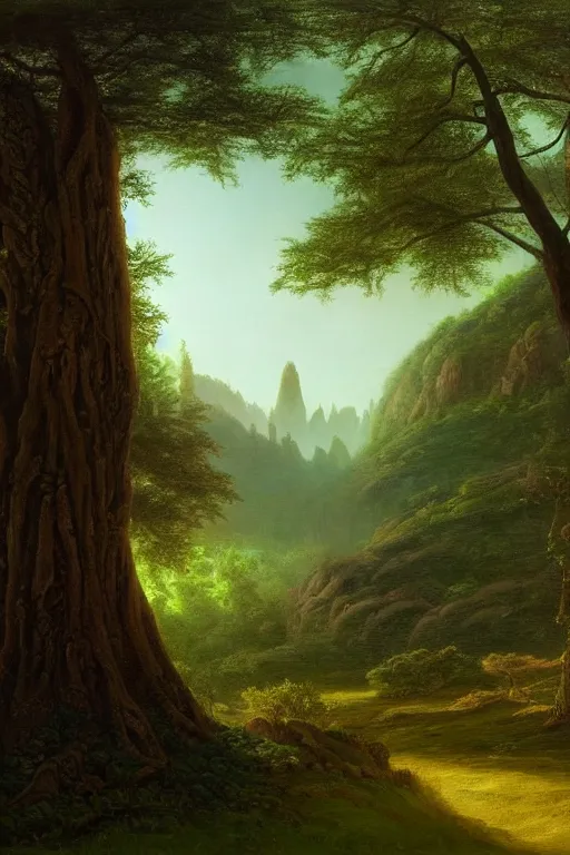 Prompt: fantasy landscape with elven temple in a forest, calm serene atmosphere, in the style of hudson river school