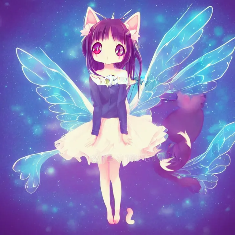 Image similar to cute, full body, female, anime style, a cat girl with fairy wings, large eyes, beautiful lighting, sharp focus, simple background, creative, heart effects, filters applied, illustration