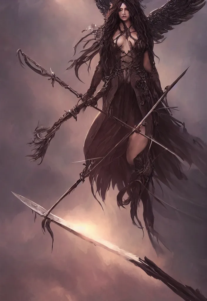 Image similar to towering female angel of death spear looking down at the camera, dramatic lighting, upshot, long curly dark hair, huge curving scythe, fantasy artstation, cgsociety, anatomical, 8 k, magical, award winning cinematography