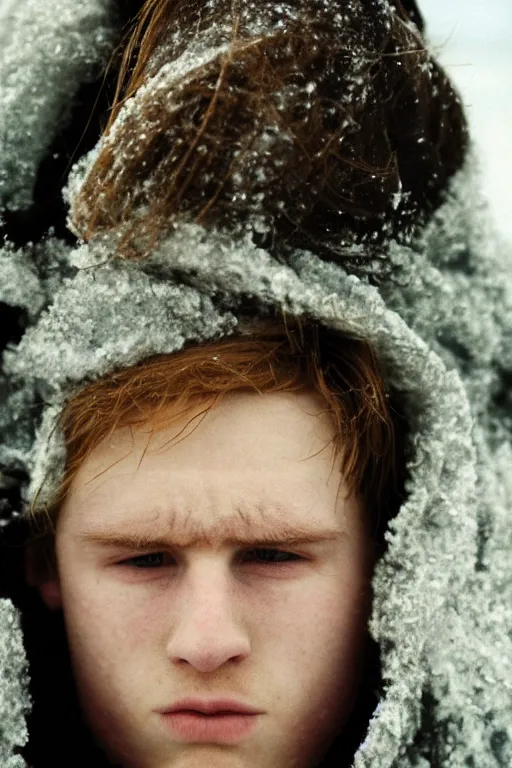 Prompt: super close up portrait of a frowning young irish adolscent 1 8 years old irish man in the cold cold sea at winter, by annie leibowitz, 1 9 9 8,