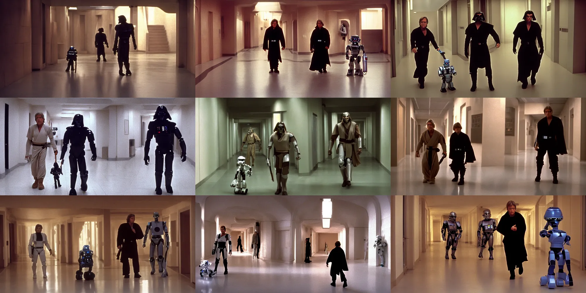 Prompt: A full color still of clean shaven Mark Hamill as Jedi Master Luke Skywalker walking with a black humanoid robot down a hallway, there are large windows showing a sci-fi city outside, at dusk, at golden hour, from The Phantom Menace, directed by Steven Spielberg, 1999