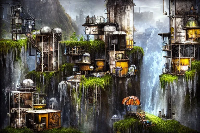 Image similar to gothic waterfall favela honeybee hive, brutalist environment, industrial factory, award winning art, epic dreamlike fantasy landscape, ultra realistic,