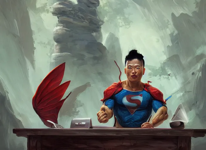 Image similar to an insanely detailed painting of an asian man wearing a homemade superhero costume, sitting at a desk, staring seriously at the computer and typing, in the style of peter mohrbacher, james jean, artgerm, dramatic lighting and composition, surreal background, octane render, pixar, trending on artstation, concept art, comic book, view from behind, 8 k