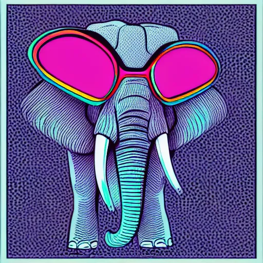 Image similar to a closeup of an elephant wearing shades, in retro colors, synthwave style, 2 d digital vector art