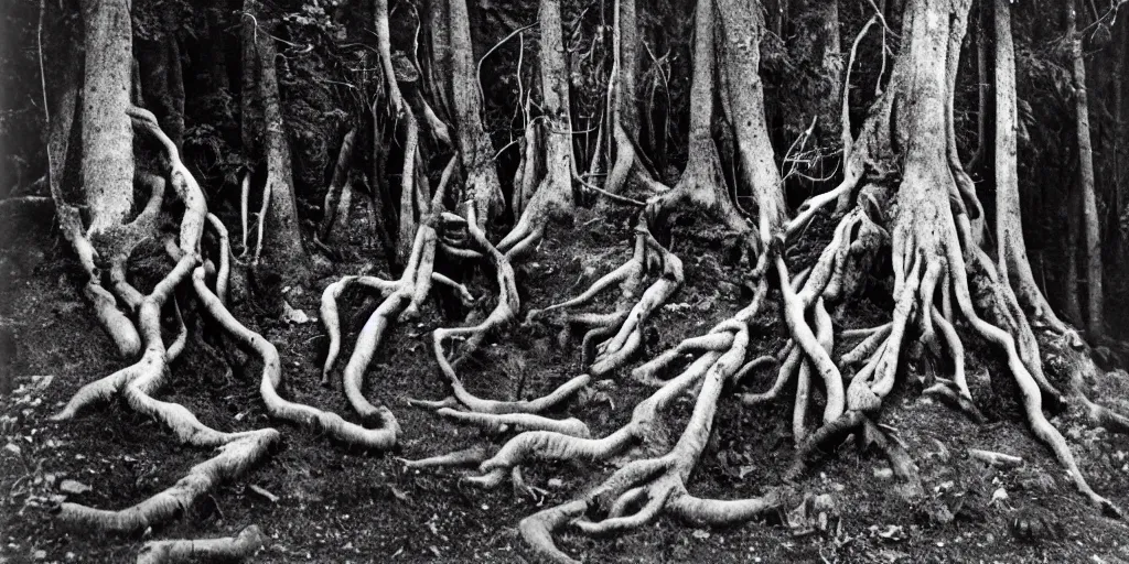 Image similar to 1 9 2 0 s photography of occult humanlike root creatures creeping and lurking in dark forest in the dolomites
