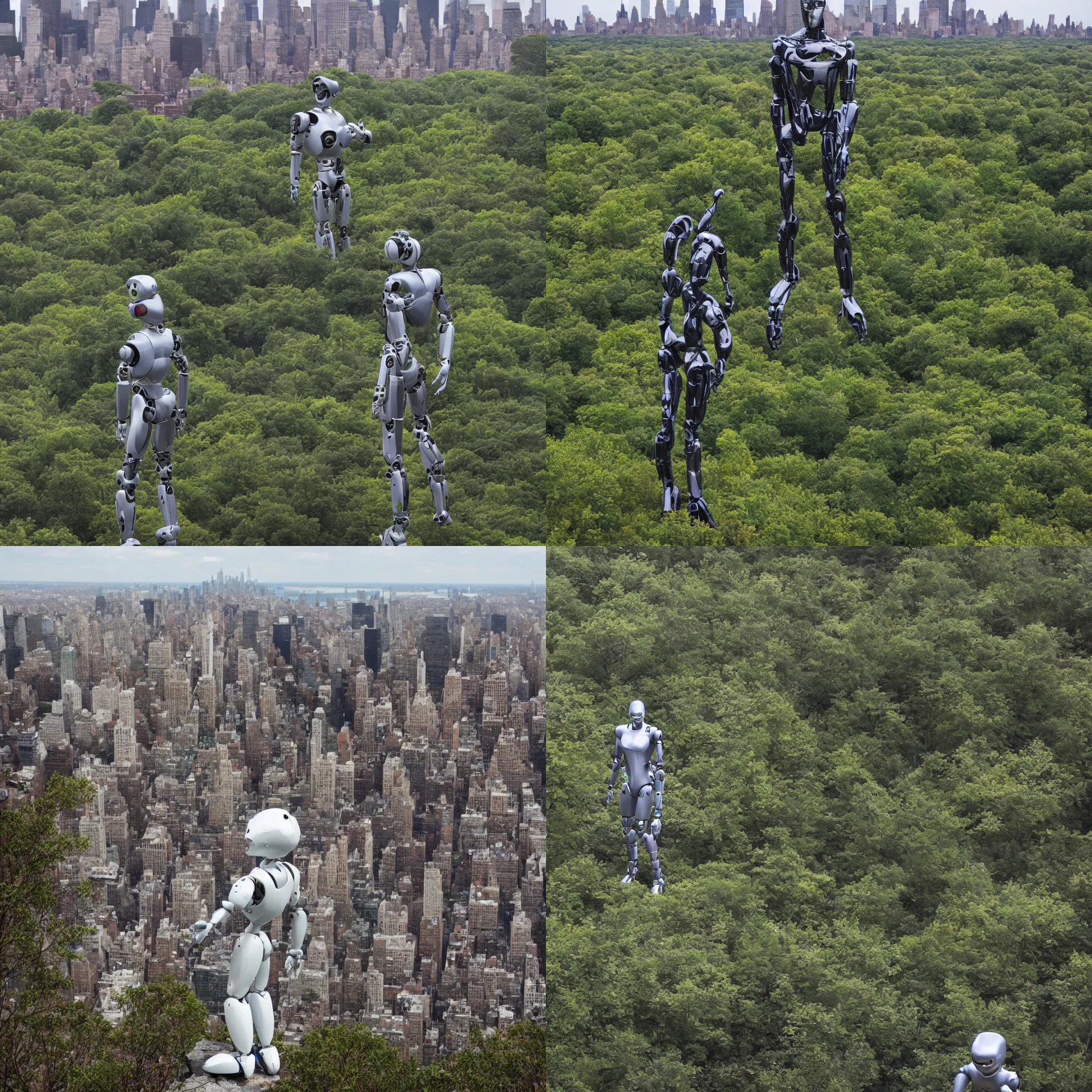 Prompt: a humanoid robot standing on a cliff, looking over an overgrown new york