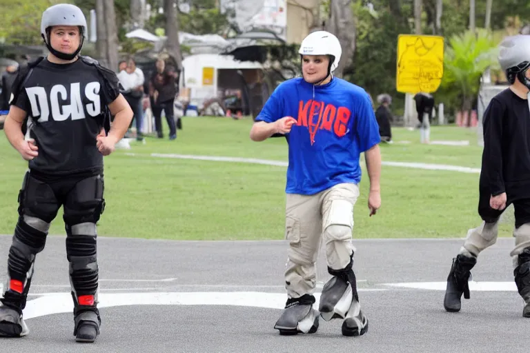 Prompt: Ben shapiro wearing a helmet, knee pads