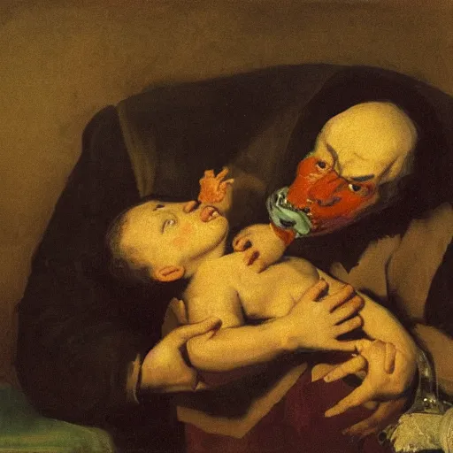 Prompt: homer devours his son, goya painting