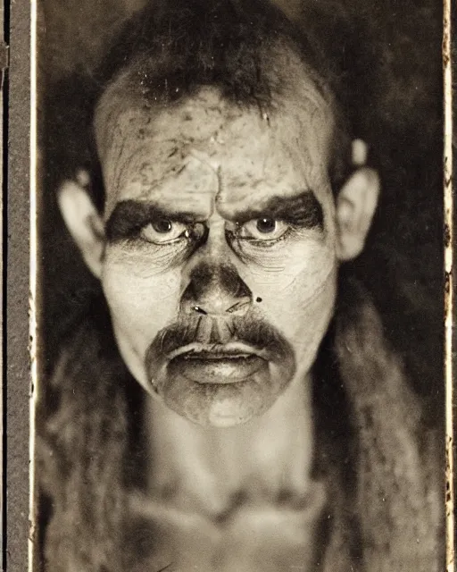 Prompt: vintage denisovan selfie photo, frowning