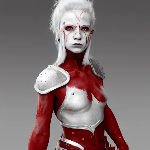 Image similar to albino girl in a ornated armor pagan facepaint, dynamic pose, detailed, photograph, award wining, red and white, trending on artstation, 4 k, unreal engine 5, octane render, neon highlights