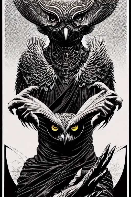 Image similar to side view of a majestic wizard holding a highly detailed owl on glove, high details, bold line art, by vincent di fate and joe fenton, inking, etching, screen print, masterpiece, trending on artstation, sharp, high contrast, hyper - detailed,, hd, 4 k, 8 k