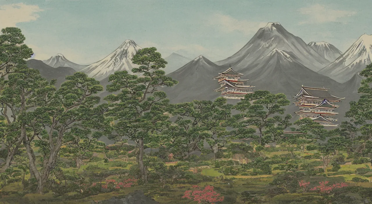 Prompt: a painting of a Japanese castle, with a garden as foreground, with mountains as background