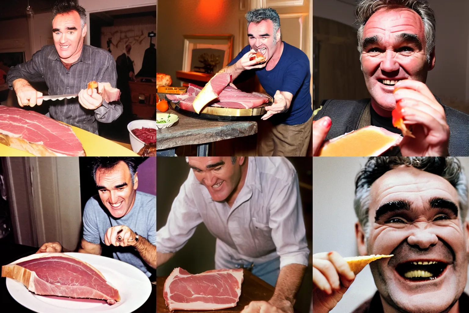 Prompt: morrissey slicing a juicy ham, smiling, hungry, eating meat