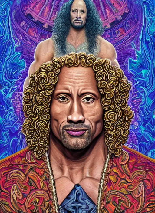 Image similar to beautiful oil painting, full length portrait of Dwayne the rock Johnson as Louis xiv in coronation robes 1701, Dan Mumford, Dan Mumford, Alex grey, Alex grey, lsd visuals, dmt fractal patterns, entheogen, psychedelic art, hallucinogen, highly detailed, ornate, vaporwave