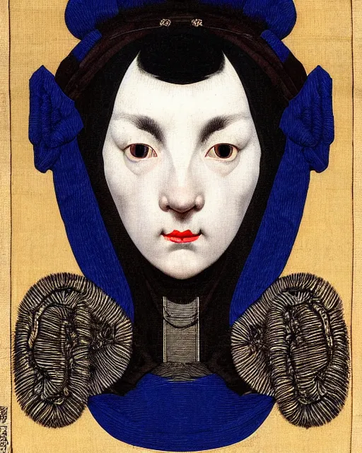 Prompt: symmetrical close - up portrait of a woman face with blue frizzy hair, wearing a embroidered black mask by alexander mcqueen, bjork aesthetic, masterpiece, in the style of rogier van der weyden and jacopo da pontormo, cyberpunk, ukiyo - e