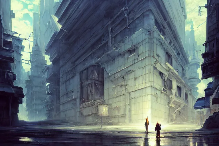 Image similar to baroque oil painting of anime key visual environment concept art of white clean abandoned concrete cityscapes, brutalist dark fantasy, rule of thirds, cinematic lighting, fake hidden detail, trending on pixiv fanbox, acrylic palette knife and brush, style of makoto shinkai studio ghibli genshin impact jamie wyeth james gilleard greg rutkowski