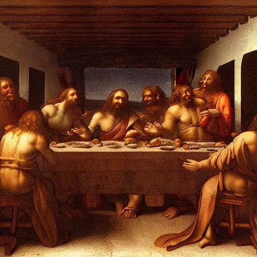 Prompt: neanderthals enacting the last supper by leonardo da vinci, jesus in the middle