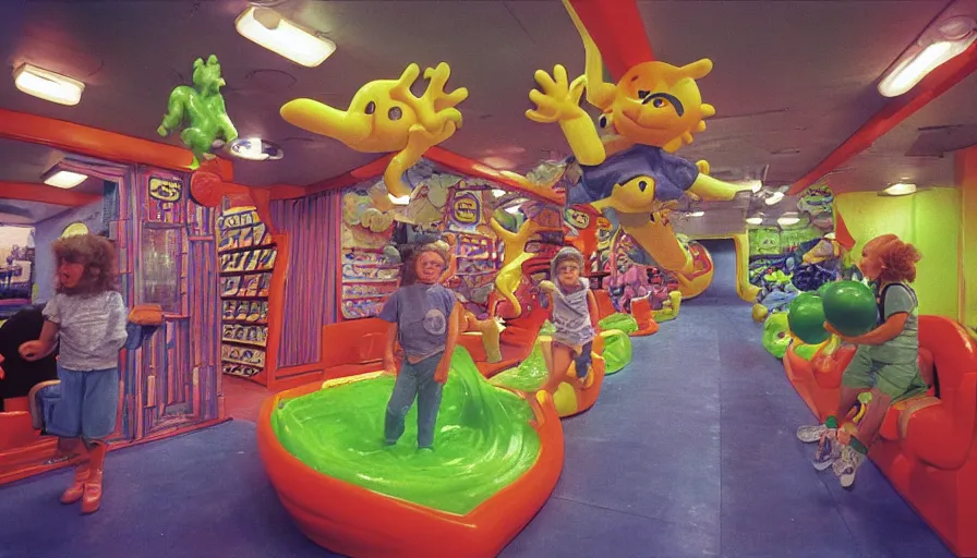 Prompt: 1990s photo of inside the Nickelodeon Blockbuster Gameboy Slime Show ride at Universal Studios in Orlando, Florida, children riding a VHS tape through a Blockbuster video store filled with beanie babies and a big Furby, cinematic, UHD