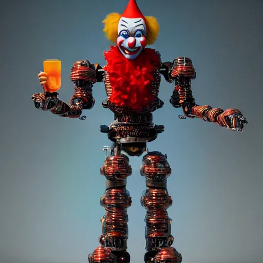 Image similar to clown from the movie it as a cyborg robot on a miniature town, studio lighting, unreal render, unreal engine 5, octane render, enchanted plants, cinematic, intricate, ornate, photorealistic, ultra detailed, realistic, 1 0 0 mm, photography, octane, high definition, depth of field, bokeh, 8 k, behance, trending on artstation