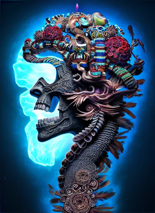 Image similar to 3 d shaman with tattoos profile portrait, sigma 5 0 0 mm f / 5. beautiful intricate highly detailed quetzalcoatl skull and feathers. bioluminescent, plasma, lava, ice, water, wind, creature, thunderstorm! artwork by tooth wu and wlop and beeple and greg rutkowski, 8 k trending on artstation,