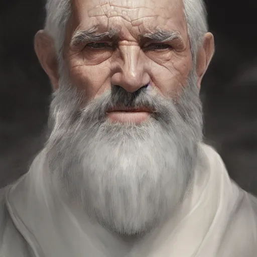 Image similar to portrait of an old man with long gray beard and a blind eye with a scar and him wearing a white cape with a hood on, Matte painting , detailed painting, made by Greg Rutkowski, 4k, atmospheric