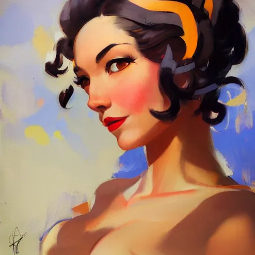 Image similar to greg manchess portrait painting of beauty 1 9 2 0's pinup as overwatch's characters, medium shot, asymmetrical, profile picture, organic painting, sunny day, matte painting, bold shapes, hard edges, street art, trending on artstation, by huang guangjian and gil elvgren and sachin teng