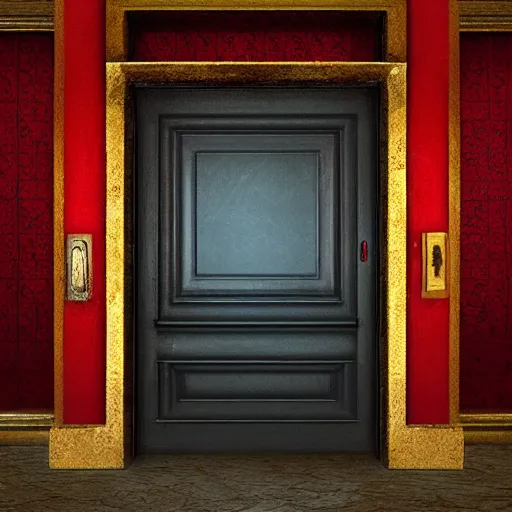 Prompt: The Door to the End, realism, magical, drifting mist, red-and-gold wallpaper