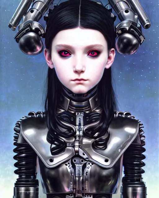 Prompt: portrait of beautiful cute goth maiden cyborg girl with braided hair in warhammer mechanical armor, art by ( ( ( kuvshinov ilya ) ) ) and wayne barlowe and gustav klimt and artgerm and wlop and william - adolphe bouguereau