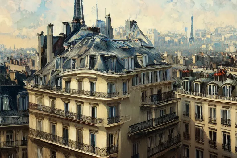 Image similar to a beautiful realistic painting of a paris view from rooftop, intricate, elegant, highly detailed, digital painting, artstation, concept art, by krenzcushart, artem demura, alphonse mucha