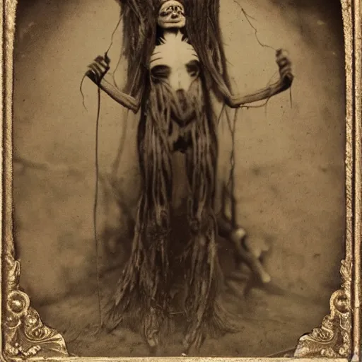 Image similar to 1860 photo of an old freak show body spider-woman, on the middle of a forest, spooky , veins, arteries, intricate, golden ratio, full frame, elegant, highly detailed, ornate, ornament, sculpture, elegant , luxury, beautifully lit, ray trace, 3d, PBR