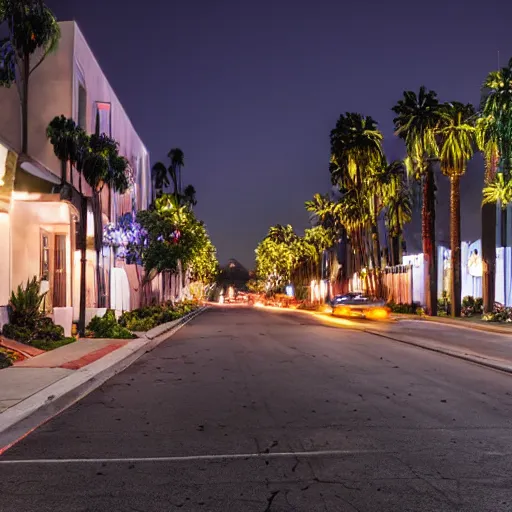 Prompt: losangeles neighborhood at night, big garden, street