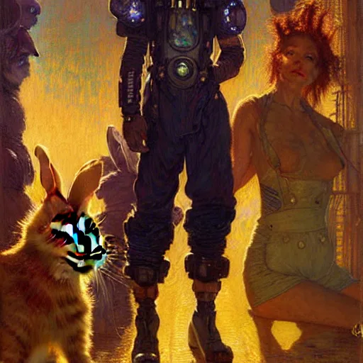 Image similar to portrait of a rabbit wearing a jumpsuit. shadowrun furaffiniy cyberpunk fantasy highly detailed painting by gaston bussiere craig mullins jc leyendecker gustav klimt artgerm greg rutkowski john berkey, bergey, craig mullins, ruan jia, raymond swanland, jeremy mann, tom lovell, alex malveda