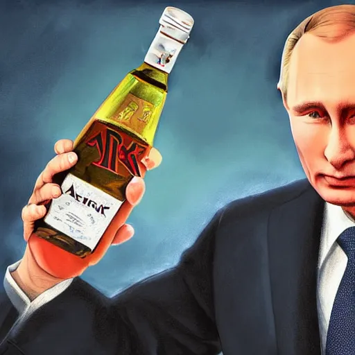 Image similar to putin holding a bottle of israeli arak, cinematic, beautiful digital painting, hyper detailed