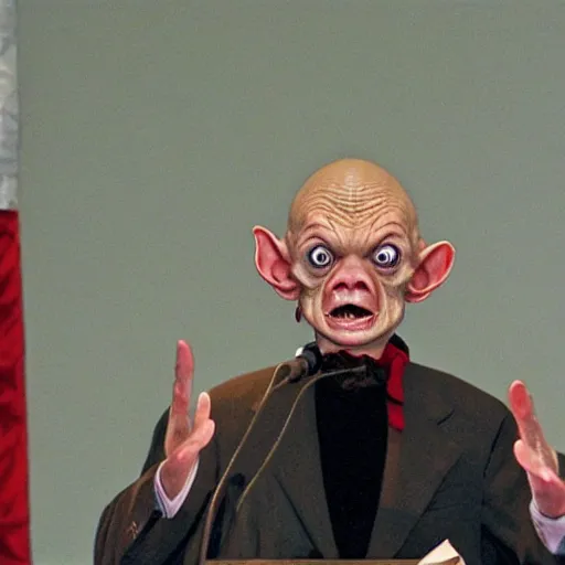 Image similar to president gollum giving a speech