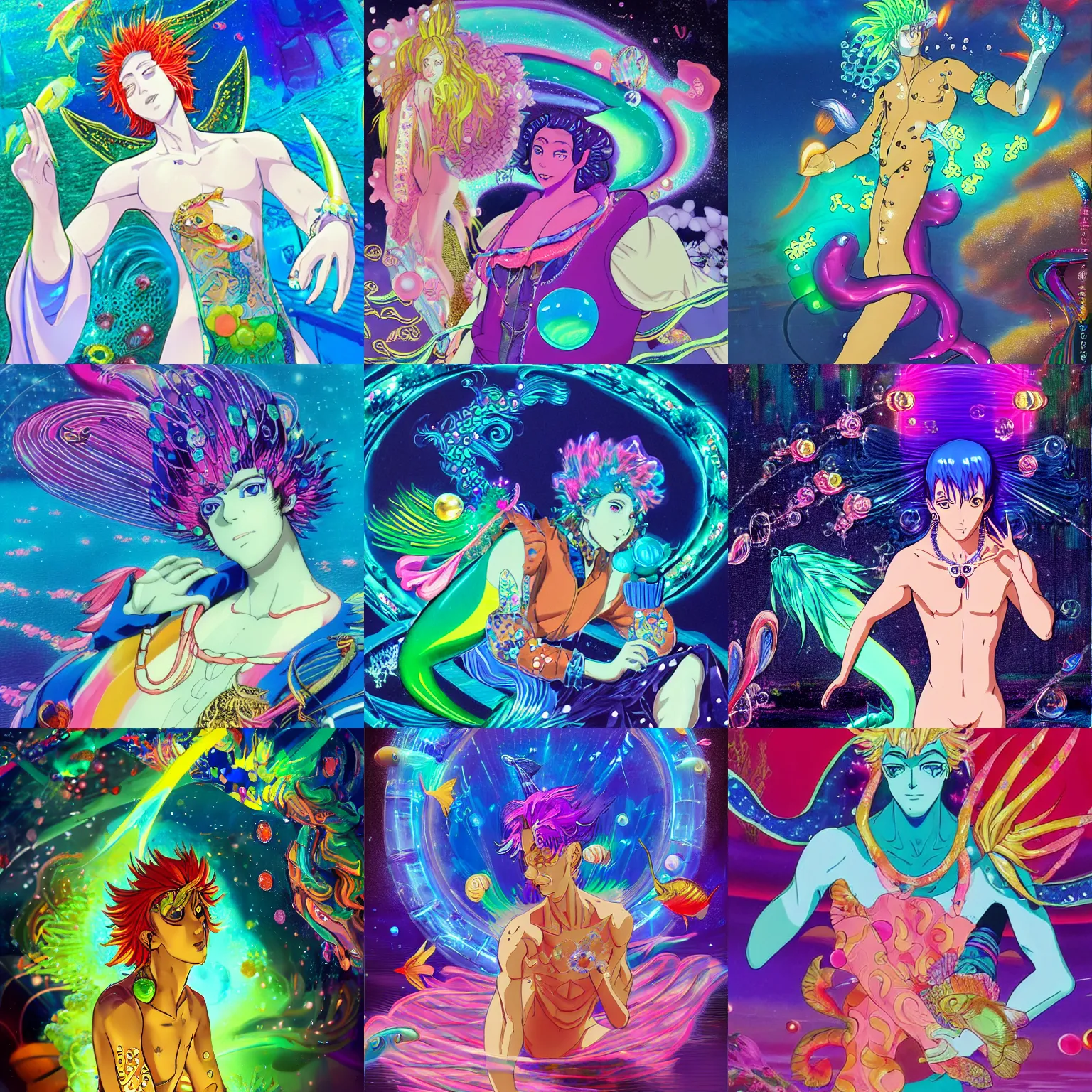 Prompt: professionally painted blacklight neon picture of a colorful anime celestial merman with a fish body, wearing an elegant peacock shirt top with transparent bubble sleeves, golden gloves, and golden jewelry and gems everywhere, art by yuji ikehata and satoshi kon, background art by miyazaki, proper human proportions, full body shot of the character swimming