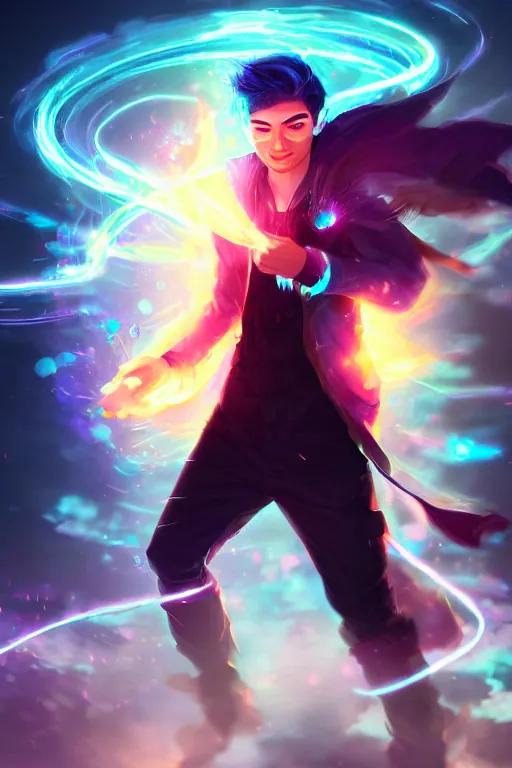 Prompt: a human elemental sorcerer, blurred environment background, colorful magic effects, white skin, portrait, male, sharp focus, digital art, concept art, dynamic lighting, by emylie boivin and rossdraws