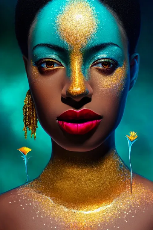 Image similar to hyperrealistic post - symbolist cinematic very beautiful! oshun goddess with white eyes, yoruba body paint, chrome dripping droplet lips, gold flowers, highly detailed digital art masterpiece, smooth etienne sandorfi eric zener dramatic pearlescent soft teal light, ground angle uhd 8 k, sharp focus