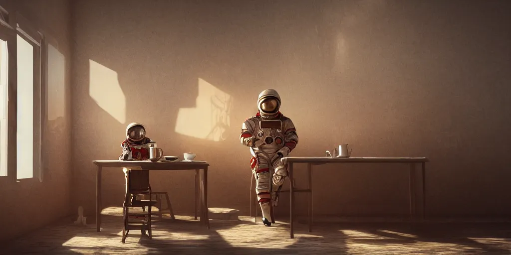 Image similar to a cosmonaut in a spacesuit drinks a steaming cup of tea alone at an old wooden desk in a richly decorated keral house. the autumn light comes in through a window and dimly illuminates the room, diffuse light, octane render, 4k, matte painting