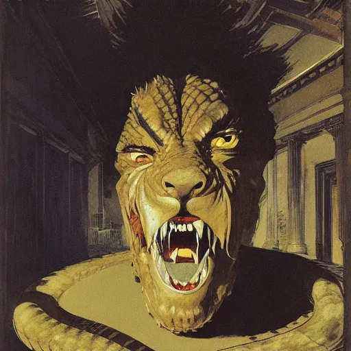 Image similar to neck neck eyes fangs serpent serpent python wearing a lion lion costume neck tall long snake viper j.m.w. turner greg rutkowski giorgio de chirico william merritt chase ralph steadman arsen savadov dan witz uta natsume aquatint