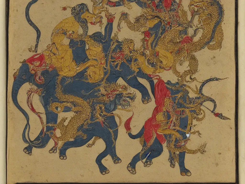 Image similar to Man on elephant fighting the dragon. Persian miniature, golden.