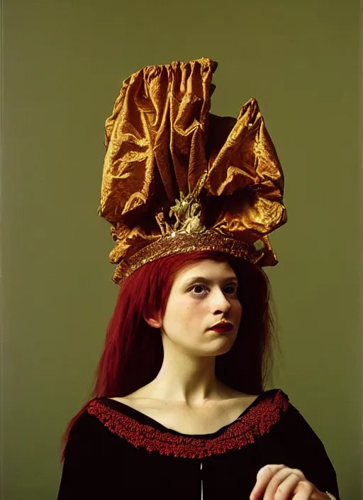 Image similar to portrait of young woman in renaissance dress and renaissance headdress, art by nan goldin