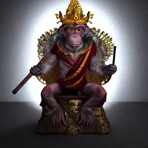 Image similar to monkey king godly lord of monkeys, wearing a crown, holding a staff, sitting in throne, dark lighting, dim lightning, red eyes, gothic dark style 8 k render high detail