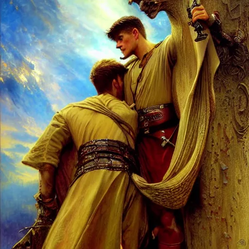 Prompt: stunning arthur pendragon in love with stunning male merlin the mage. they are close to each other, touching, looking. highly detailed painting by gaston bussiere, craig mullins, j. c. leyendecker