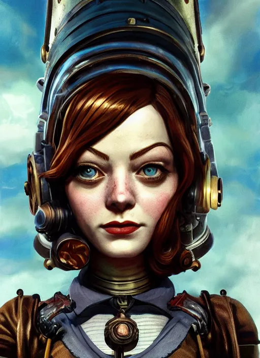 Prompt: Bioshock steampunk fallout portrait of Emma Stone, au naturel, hyper detailed, digital art, trending in artstation, cinematic lighting, studio quality, smooth render, unreal engine 5 rendered, octane rendered, art style by klimt and nixeu and ian sprigger and wlop and krenz cushart