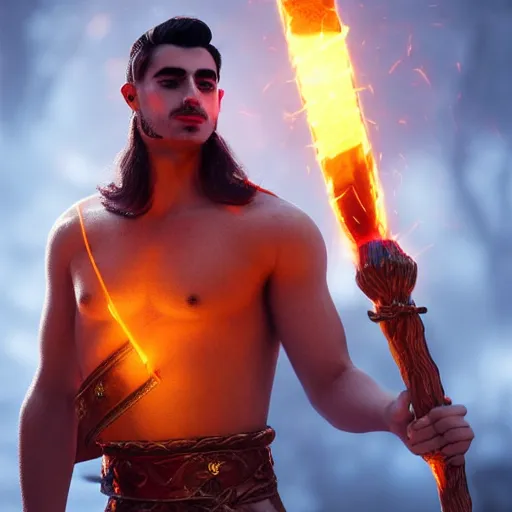 Prompt: Chris Mears wearing a barbarians tunic holding a glowing fire magical staff. Trending on Artstation, octane render, ultra detailed, art by Ross tran