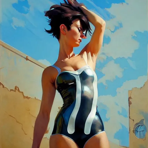 Image similar to greg manchess painting of tracer wearing a latex suit, medium shot, organic painting, sunny day, bold shapes, hard edges, street art, trending on artstation, by huang guangjian and gil elvgren and sachin teng and artgerm and greg rutkowski and alphonse mucha