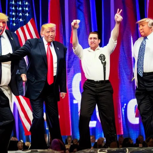 Image similar to photo of a vladimir putin, donald trump and ron desantis dancing a congo line on stage at cpac,