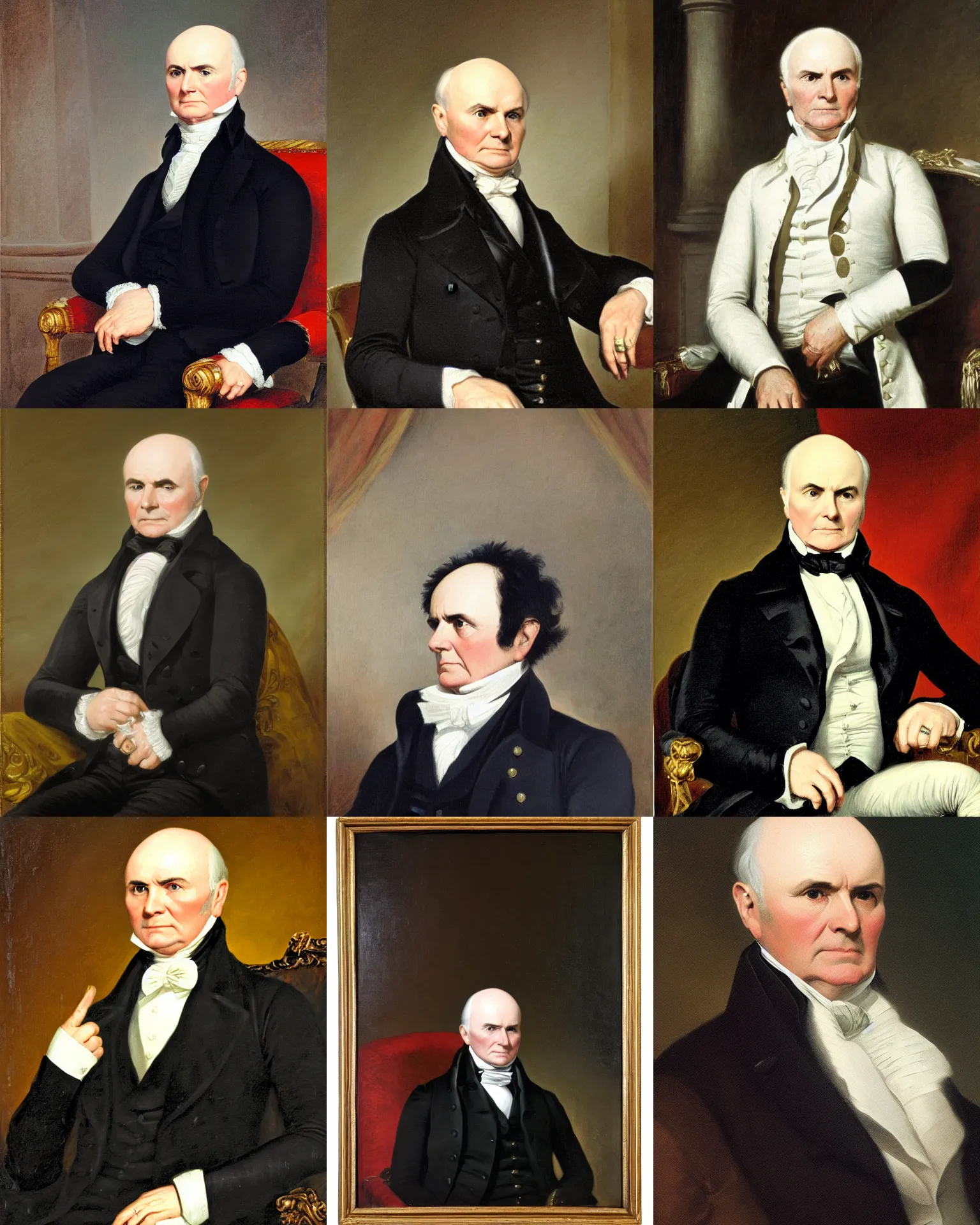 Prompt: John Quincy Adams, 6th President of the United States, 1825-1829, Portrait by George Peter Alexander Healy in 1858. Oil on canvas, 62 x 47 inches, White House Collection/White House Historical Association
