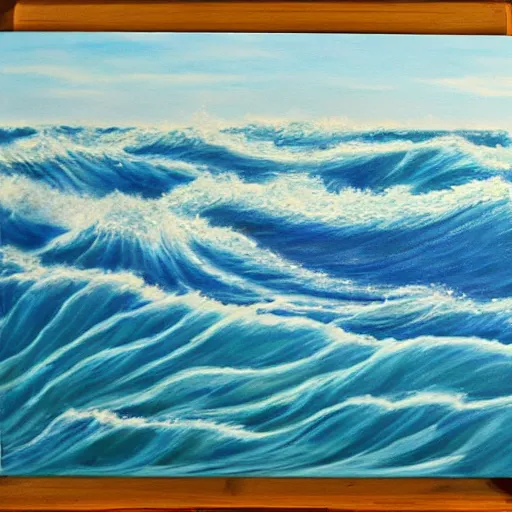 Prompt: a painting of an ocean full of waves half above water, half below water