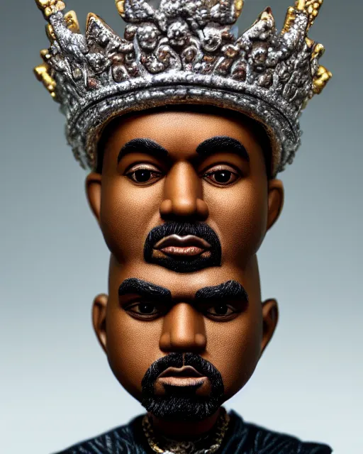 Image similar to highly detailed closeup, face profile portrait of a tin toy kanye west as a fairytale king wearing a crown and sitting on a throne, robes, depth of field, nicoletta ceccoli, mark ryden, lostfish, max fleischer, breathtaking, detailed and intricate environment, 8 k resolution, hyperrealistic, octane render